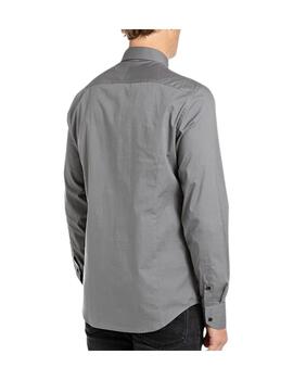 Camisa Replay en algodon cuello Italiano gris