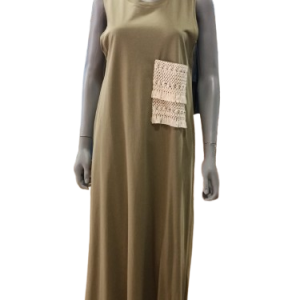 Vestido largo de algodón liso cuello redondo manga corta